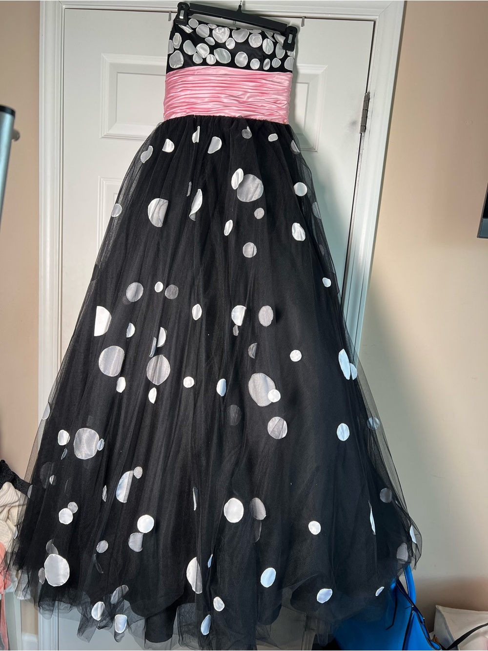 Jovani Black and Pink Polka Dot Strapless Ball Gown